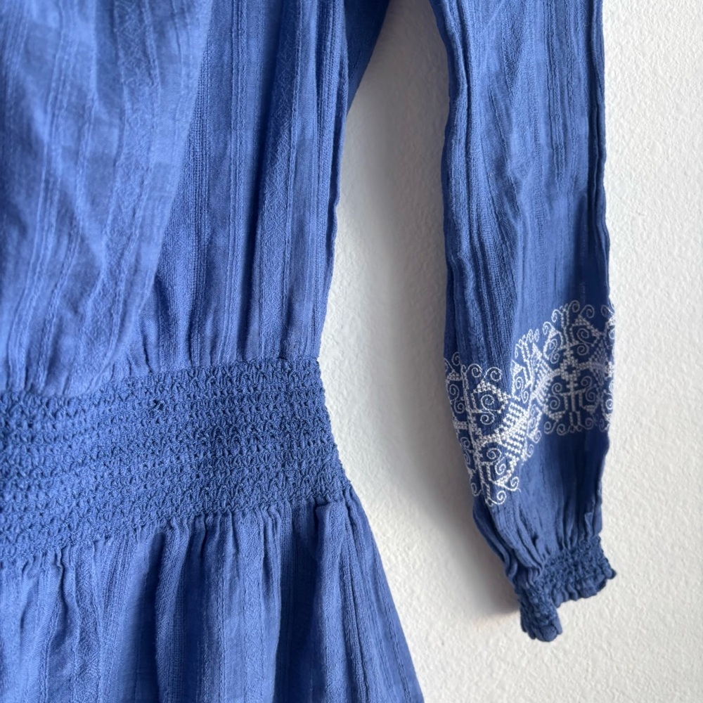 Tory Burch Loretta Blue and White Off the Shoulder Embroidered Gauze Mini Dress - Picture 9 of 10